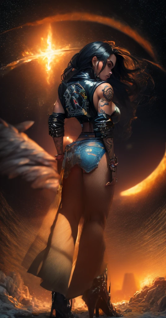 Tall Tough tattooed 40yo latina biker chick, Adult Model Daisy Marie with two strong legs dancing swirling twirling almost collapsing on Saturn's moon Calisto, looking like a creation that could actually survive there, wearing black leather graphics jacket and long leather-like denim dress that touches the ground split in the middle for riding, magic, art, wind, wind blown, spark, lightshow, fireflies, watching the rise of the distant Sun, with Saturn fully visible in the foreground, 36k resolution Kodak professional photography, hyperdetailed, Waiting to start