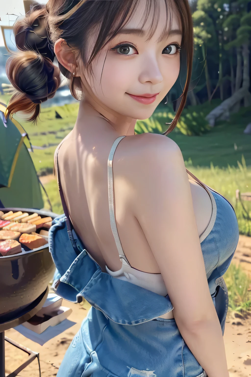 (masterpiece:1.7), (8k, Photorealistic, Raw photo, Best image quality: 1.5), (Japanese very cute girl:1.9)、(short ponytail:1.2)、large breasts, Cleavage:1.2、(Super detailed face:1.7)、Attention to detail、double eyelid、Put your chest together、Sharp focus:1.2, (big eyes:1.7), (ultra details eyes:1.5), Light brown hair、highest quality、masterpiece、超A high resolution、(Photorealistic:1.4)、(Highly detailed and professionally open smile:1.2),  five fingers, Tank top, Denim hot pants, dynamic,  thin、standing, (barbecue:1.2), On the grass, (Camping in Aso), Sunny,  full shot, whole body, From the back, 