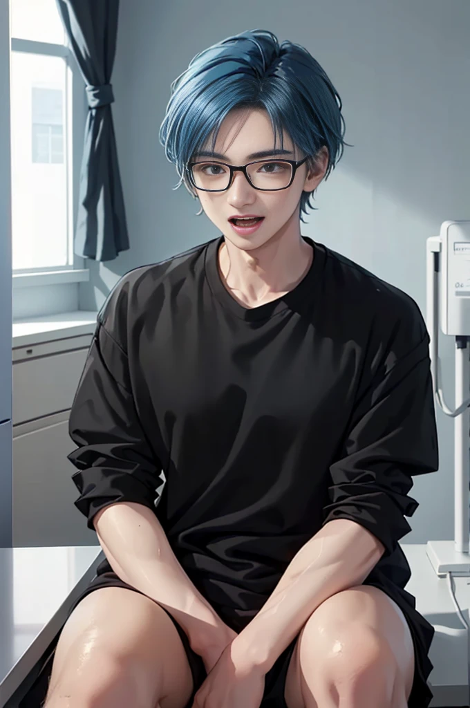 1 boy,  5-6 yeaolo, sitting (Looking at the audience), (black shirt:1.5) ,Stylish clothes Childish man wearing glasses /(blue hair/) Worried face, open mouth (The best quality masterpiece:1.2) , Delicate illustrations, Special details, (hospital examination room) In the building, desk Detailed background, ยิ้ม