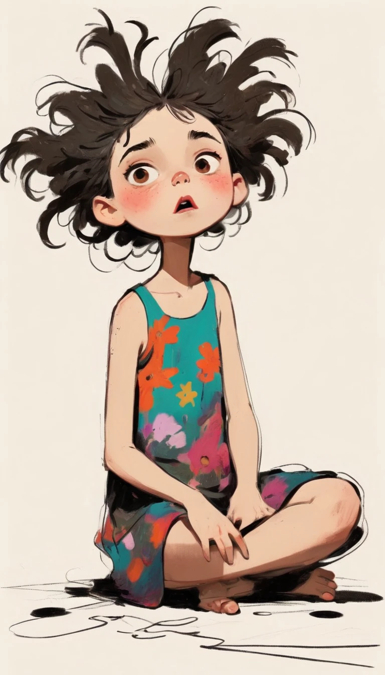 (((Exaggerated digital character sketches:1.37))).(On the ground sat a little girl，To area white，(Exaggerated expression,Exaggerated hairstyle)，Messy hair)，(Black sketch lines，Loose brushstrokes create the outline，Cartoon Style. Bright colors and simplified lines, sketch)。(Exaggerated body movements，Floral slip dress),(Large area of blank）