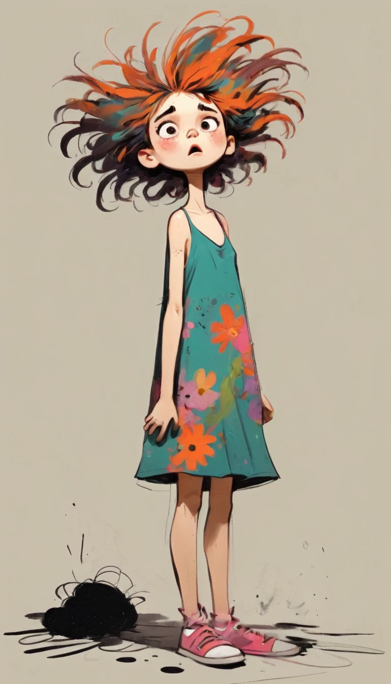 (((Exaggerated digital character sketches:1.37))).(On the ground sat a girl,To area white,(Exaggerated expression,Exaggerated hairstyle),Messy hair),(Black sketch lines,Loose brushstrokes create the outline,Cartoon Style. Bright colors and simplified lines, sketch)。(Exaggerated body movements,Floral slip dress),(Large area of blank)