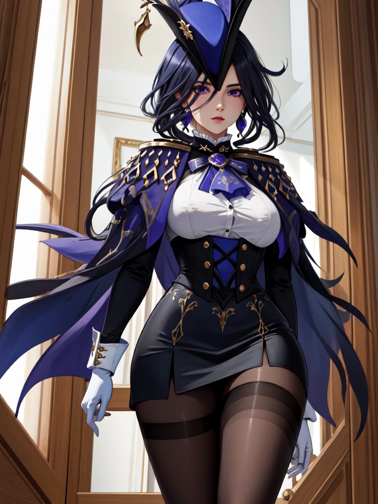 masterpiece, best quality, highly detailed, 1girl, solo, giclorinde, purple eyes, large breasts, hair between eyes, long hair, dark blue hair, earrings, black skirt, miniskirt, pantyhose, purple ascot, purple capelet, black corset, black pantyhose, black skirt, white gloves, hat, tricorne,