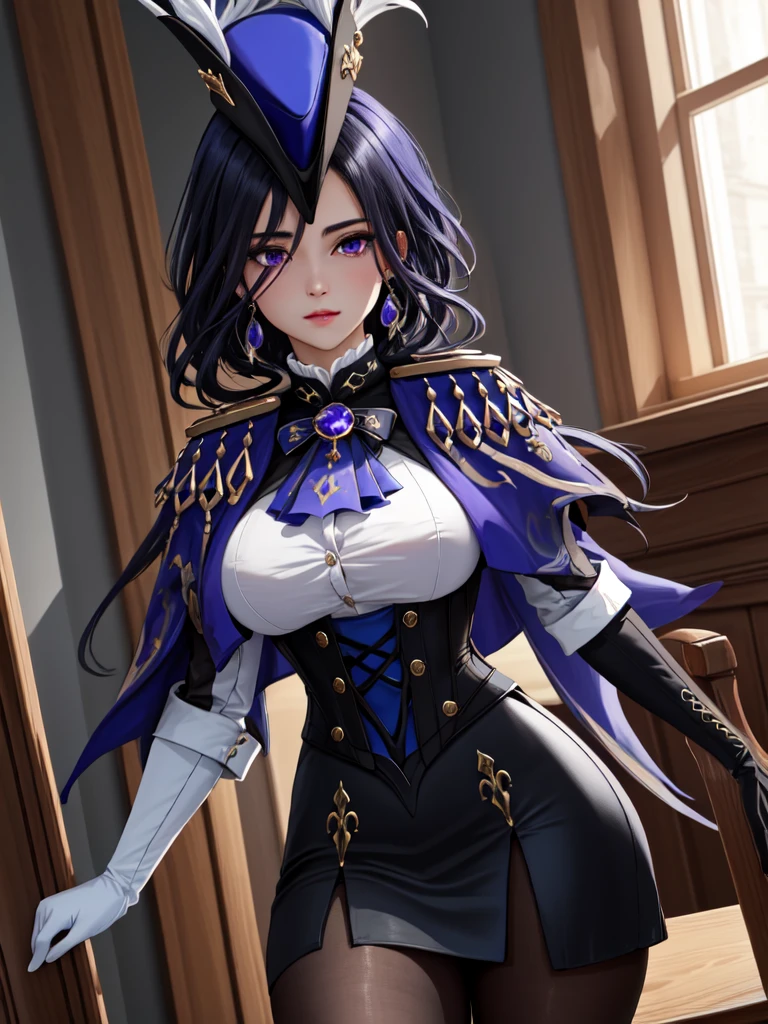 masterpiece, best quality, highly detailed, 1girl, solo, giclorinde, purple eyes, large breasts, hair between eyes, long hair, dark blue hair, earrings, black skirt, miniskirt, pantyhose, purple ascot, purple capelet, black corset, black pantyhose, black skirt, white gloves, hat, tricorne,