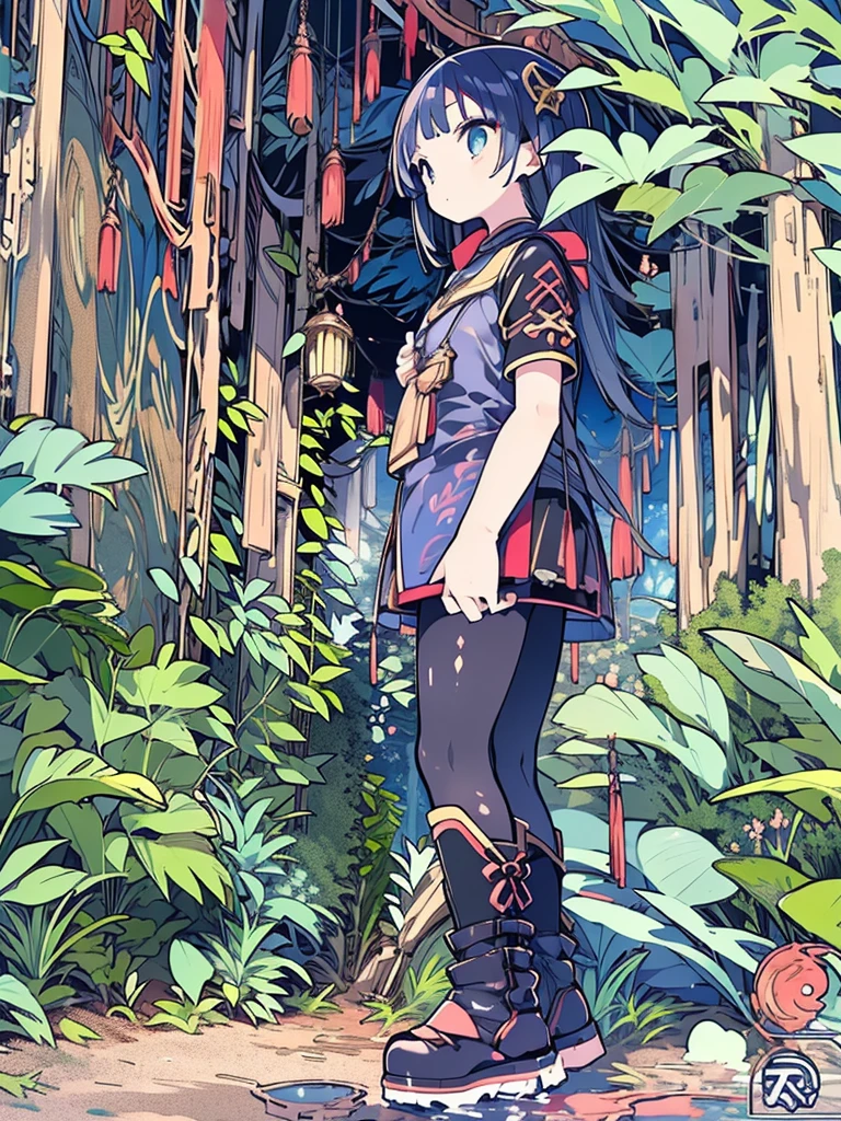 (female),cotton cap,(wave hair),dragon Chinese dress,black inner,gloves,pendant,(black tights),boots,cane,skirt,(background):,blue sky,ancient Luis,mist,((jungle)),(sun flare),　　　　　　(effect):,best quality,anime screencap,8k,high resolution,((anime style)),(anime paint)