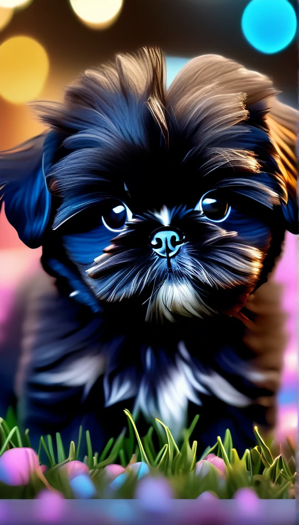 Adorable small black shih tzu puppy best quality,4k,8k,highres,masterpiece:1.2),ultra-detailed,(realistic,photorealistic,photo-realistic:1.37),vibrant colors,soft lighting,romantic atmosphere,cute expression,natural poses