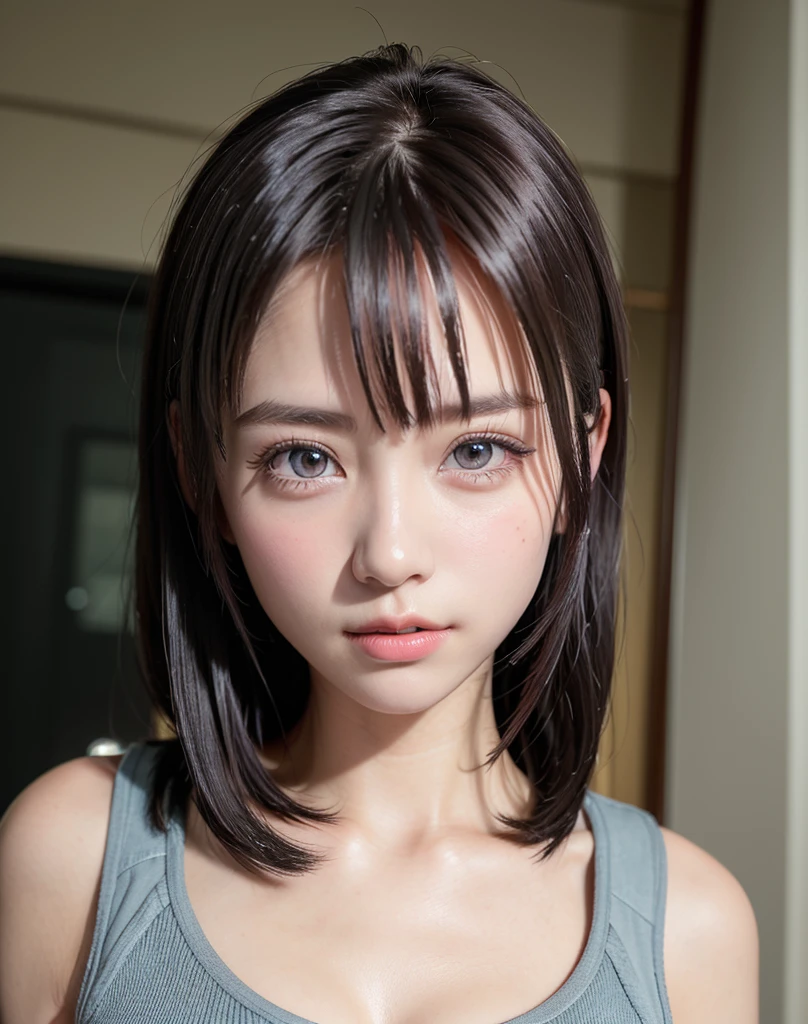 ((​masterpiece:1.4、top-quality))、(photographrealistic:1.4)、profetional lighting、physically-based renderingt,Cowboy Shot,Short hair、layers-Cut、A dark-haired、extra detailed face、Detailed skin、mole:0.3、(Women in Japan:1.05)、age 30s、thin bunches of bangs、water suites, White Room、white walls、Bright lighting