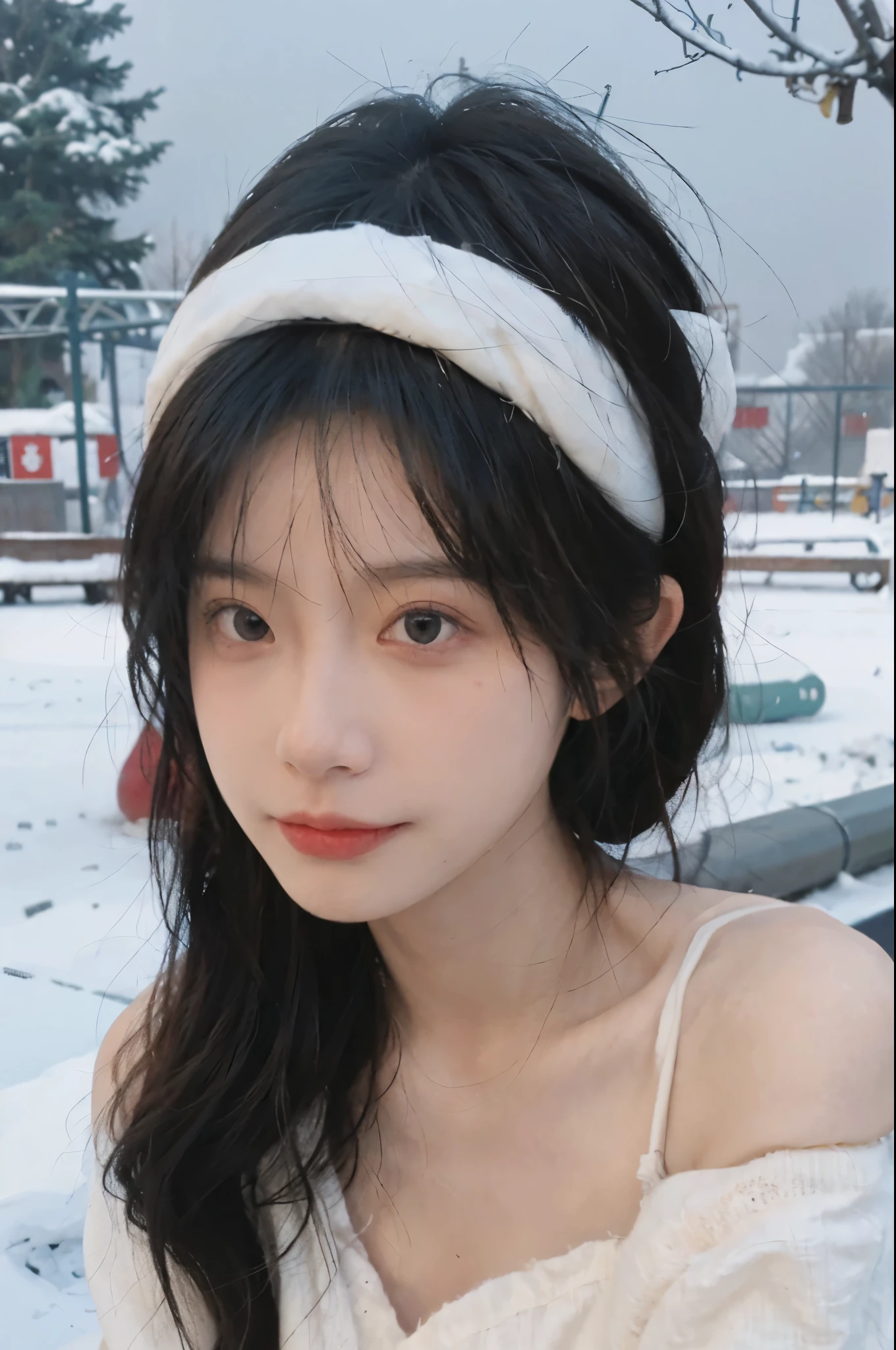 Portrait photography，1 girl，Snow Scene，Snowing background，Push-up non-slip tube top ，（whole body：1.4），Lipstick，(Big Breasts:1.4)，Headband，serene，calm，(Realistic and detailed eyes，Natural skin texture，Realistic facial details)，
