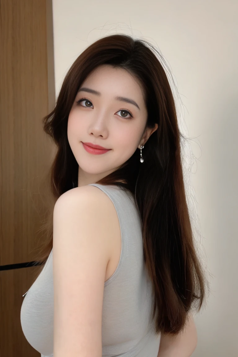  ulzzang-6500-v1.1,(raw photo:1.2),((photorealistic:1.30)), ((best quality)) ,((masterpiece)),((Ultra High Resolution)), ((Clear View)),,Ultra-high resolution,Clear face,（Reality：1.4) ,  illustration, an extremely delicate and beautiful, extremely detailed ,CG ,unity ,8k wallpaper, Amazing, finely detail, masterpiece,best quality,official art,extremely detailed CG unity 8k wallpaper,absurdres, incredibly absurdres, huge filesize, ultra-detailed, highres, extremely detailed,beautiful detailed girl, extremely detailed eyes and face, beautiful detailed eyes,light on face,cinematic lighting, 1girl, 独奏, long hair, black hair, hair ornament, jewelry, Earring, Blue eyes, (Double eyelids), (blush), (Cheeks flushed), (sharp nose), (Red nose), (makeup),smile, (dress), (black dress), (standing), (upper body), (super Giant breasts:1.3), (shagging breasts:1.3), Slim body, big butt, slim waist, big hips,