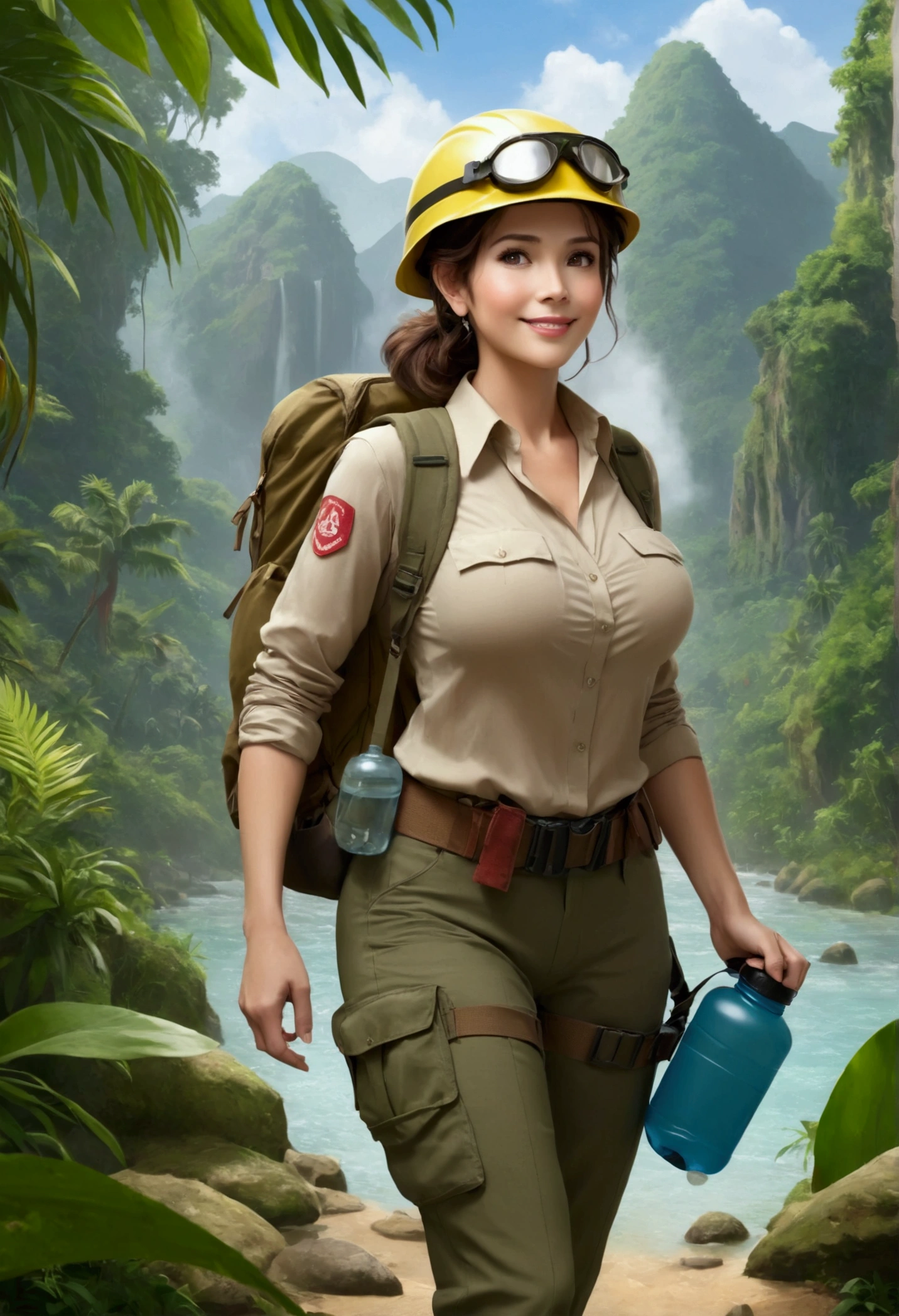 RAW, Best quality, high resolution, masterpiece: 1.3), Elegant MILF on Jungle Adventure (iu:0.8), Best quality, high resolution, Masterpiece: 1.3, Alluring Mature Woman, Masterpiece, Confident Smile, Realistic, 1woman, Mesmerizing Eyes, Radiant Eyes, Parted Lips, Elegant MILF, Full-length, Captivating Figure, Aesthetics of the Female Body, Jungle Explorer, Embarking on Adventure, Wearing Long Sleeve Shirts, Long Pants, Protective Helmet, Backpack, Water bottle, Mountain sword, big breasts, giga_busty, photo, photorealistic,