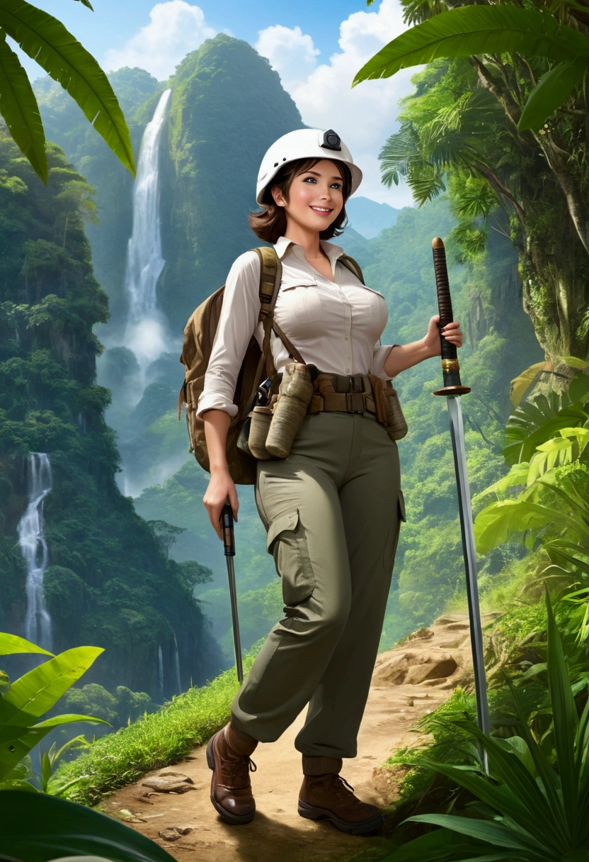 RAW, Best quality, high resolution, masterpiece: 1.3), Elegant MILF on Jungle Adventure (iu:0.8), Best quality, high resolution, Masterpiece: 1.3, Alluring Mature Woman, Masterpiece, Confident Smile, Realistic, 1woman, Mesmerizing Eyes, Radiant Eyes, Parted Lips, Elegant MILF, Full-length, Captivating Figure, Aesthetics of the Female Body, Jungle Explorer, Embarking on Adventure, Wearing Long Sleeve Shirts, Long Pants, Protective Helmet, Backpack, Water bottle, Mountain sword, big breasts, giga_busty, photo, photorealistic,
