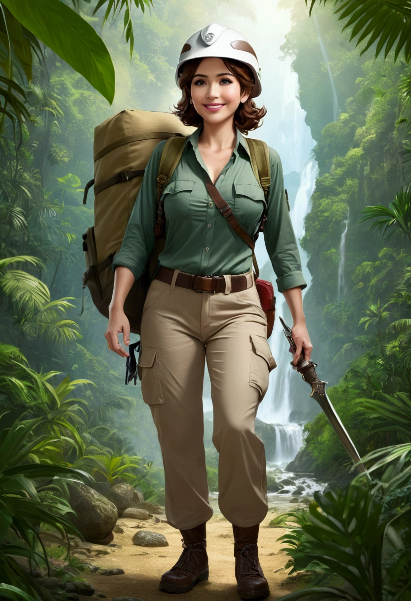 RAW, Best quality, high resolution, masterpiece: 1.3), Elegant MILF on Jungle Adventure (iu:0.8), Best quality, high resolution, Masterpiece: 1.3, Alluring Mature Woman, Masterpiece, Confident Smile, Realistic, 1woman, Mesmerizing Eyes, Radiant Eyes, Parted Lips, Elegant MILF, Full-length, Captivating Figure, Aesthetics of the Female Body, Jungle Explorer, Embarking on Adventure, Wearing Long Sleeve Shirts, Long Pants, Protective Helmet, Backpack, Water bottle, Mountain sword, big breasts, giga_busty, photo, photorealistic,
