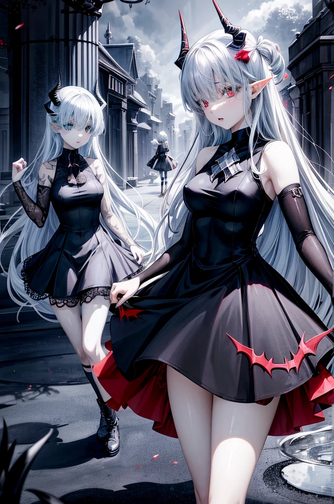 three anime girls in black and white dress with horns, black horns, demon anime girl, cute horns, demon white horns, demon horns, long horns, demon girl, horns and red eyes,