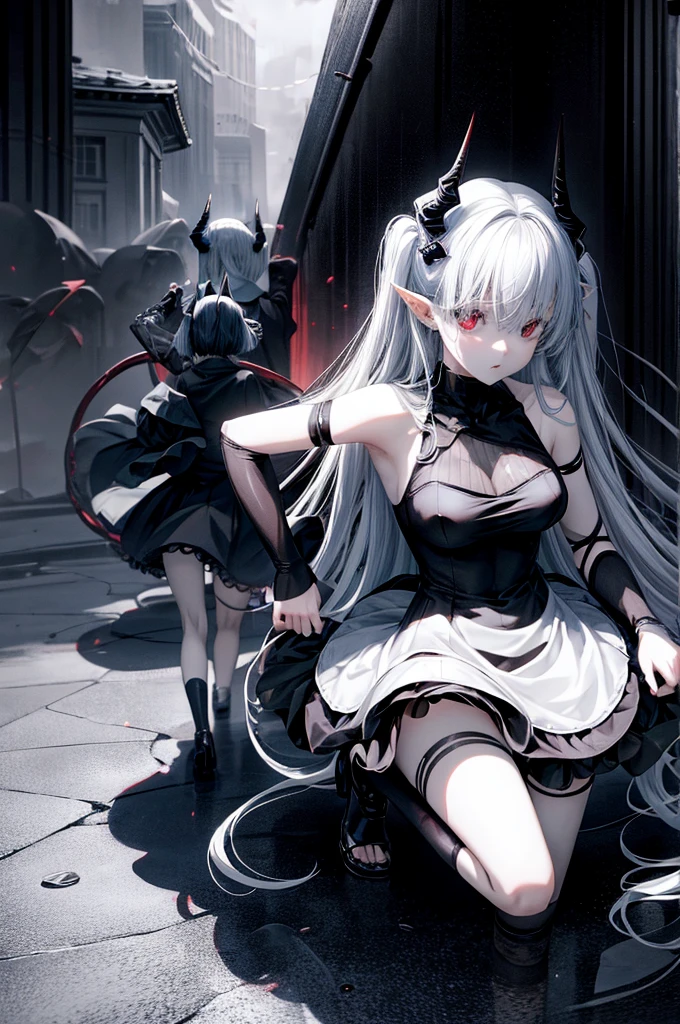 three anime girls in black and white dress with horns, black horns, demon anime girl, cute horns, demon white horns, demon horns, long horns, demon girl, horns and red eyes,