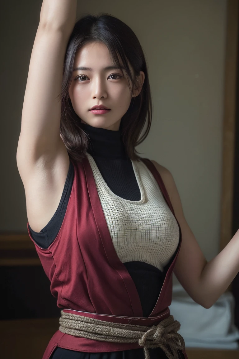 (Highest quality:1.4),(masterpiece:1.4),(Realistic:1.4),(Realistic:1.2),(超High resolution, RAW Photos:1.4),(High resolution, Ultra-detailed:1.2),(8k:1.2),Cinematic photography,a photo of a dark-haired,One girl,alone,wear ,((Japanese female warrior))、((Upper Body:1.3))、Raise your arms to show your sides、((Raise your arms to show your sides:1.3))
