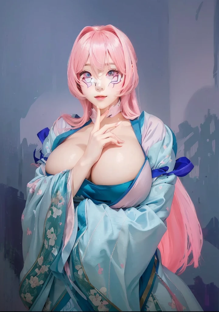 Image of a woman with pink hair and a blue dress, Attractive anime girl, OPPEIN, Real person style,Pink Eyes,Pink long hair,Hanfu,antiquity,Chinese style,,big ,huge ,sexy body,cute,Cute style,High-quality works