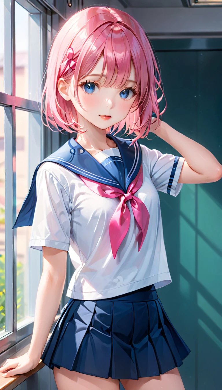 (1 girl),(Best Picture Quality, 8K, Masterpiece:1.3), (high school student:1.5), ((pink lob hair:1.1)), (bob cut),(swept bangs), (cute eyes, pupil black, iris skyblue, youthful face), (mole under right eye), (standard weight), (small breasts),(big hip), (glistening skin:1.1),(pale skin:1.2), ((serafuku, white sailor short sleeve simple shirt, darkblue skirt, darkblue sailor collar, pink ribbon)).