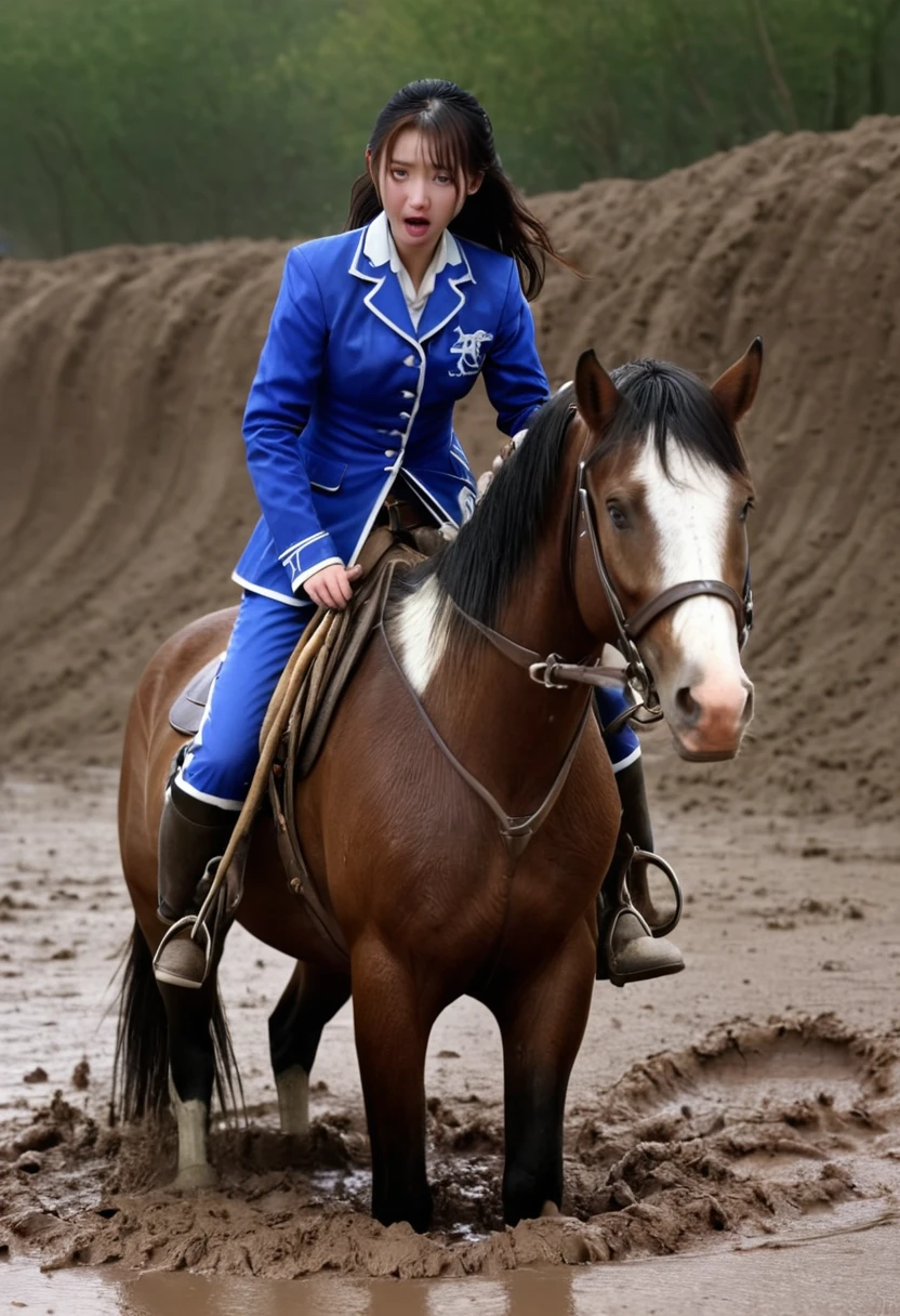 girl of riding horse accident,On a muddy slope,Neighing Horse,(((masterpiece))),(((Highest quality))),((Tabletop:1.4, Highest quality)), (Genuineな写真:1.4), Blue Haori,get caught in a net,Severe,Covered with thorns,
((1 muddy beauty knight)),Rodeo,Desperate,don't make eye contact,Surprised face,panic,tragedy,
(超High resolution:1.2), wonderful, Very detailed CG Unity 8k wallpaper, Very detailed, High resolution,draft horse ridden by japanese , girl is in heart,tight,Muddy place,beauty,The horse neighs,鎧を着たtragedyの女騎士,sink,In the mud,
Cold Light, Beautiful detailed girl, Droopy eyes,Very detailedな目と顔, Beautiful and exquisite nose, Beautiful and exquisite, The prancing horse on which the girl was riding、Horse and girl stuck in deep muddy pit:10.0 , Horse falls ,He looks distressed ,Surprised face:2.0,Genuine,Anatomically correct