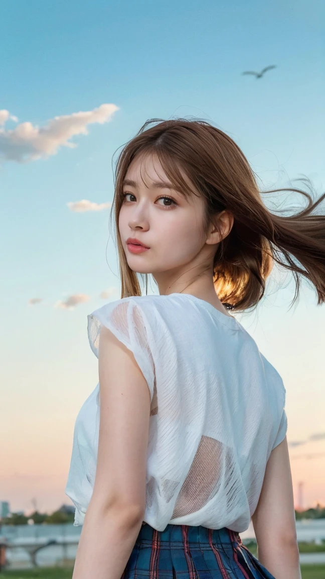Bottom-to-top drawing:1.53,One Girl、Beautiful and detailed eyes and face、barefoot、 Japanese girl, ((Extremely precise and accurate anatomy:1.0)), (photo Realistic:1.4), (hyper Realistic:1.4), (最高品質のRealisticな肌の質感:1.4), (Improvement of quality:1.4), (Enhances the beauty of skin texture:1.1), Clean and glowing skin, mesh, thin:1.2, (Realistic:1.3), Realisticなライティング, (Smoother lighting:1.05), (Improving the quality of cinema lighting:0.9), Backlight, A gentle light on your face, Ray Tracing, (Bright light:1.2), 32K, One Japanese woman, fine grain, Detailed face, (Film Grain:1.1),(Accentuates body lines:1.1), High resolution, Natural look, Kind eyes, Improves hair quality, Delicate light and shadow, Transparent muscles, Graceful pose, Beautiful Eyes, Sharp details, Soft light reflection, Beautiful contours, Delicate skin tone, Fine hair texture, Natural background, (((sunny day、School zone、A strong wind is blowing、Her hair and skirt are flying、 Open shirt、Pleated skirt、stroll:1.25、Light of the sun、Clear skies、stage、Blue sky and white clouds、The joys of youth)))、