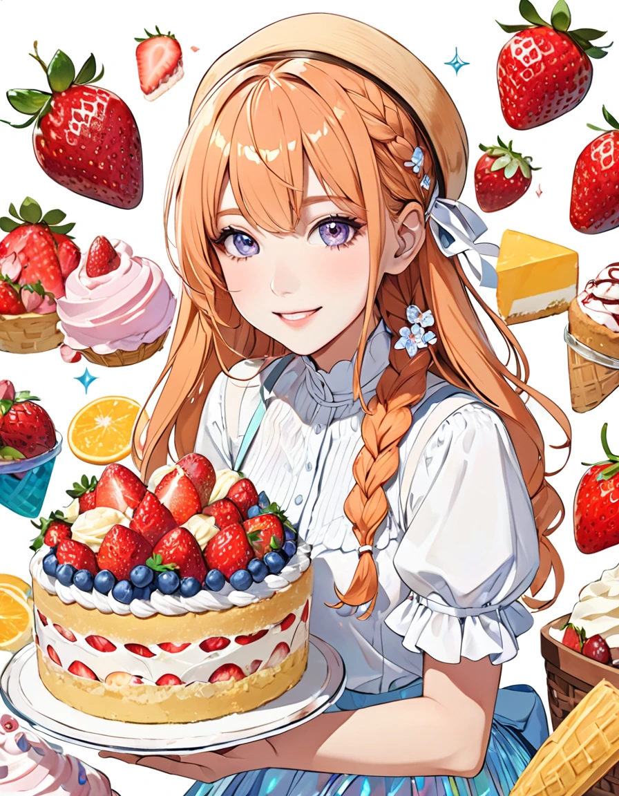 (Blank Background:2),(White background:2), (No background:2),1 female、Around 20 years old、human、(Upper Body:1.5)、(Draw to fit within the frame、Draw to fit on campus)、Beautifully detailed fashion magazine style, Complex illustration, ice cream, sweets, Sparkle, Iridescent, cake, strawberry, fruit, parfait、(Light orange hair:1.5)、(Her hair is short and braided:1.5)、(Wearing pure white clothing:1.5)、Wearing open-necked clothing、(Smiling:1.5)、(Facing forward:1.5)、(Very short sleeves:1.5)、Straw hat、(She always has a basket full of strawberries.:1.5)、(Hold the dessert so the whole thing is visible:1.5)、Arrange the whole、