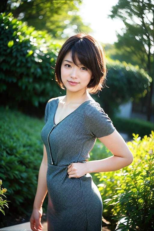 Fashion model photography, Casual Dresses, Strong design sense, Medium Shot, Girl, short hair, hair accessory, Delicate skin, smile, Simple Background, High-quality texture, Glare Backlight, Professional Studio Lighting、garden