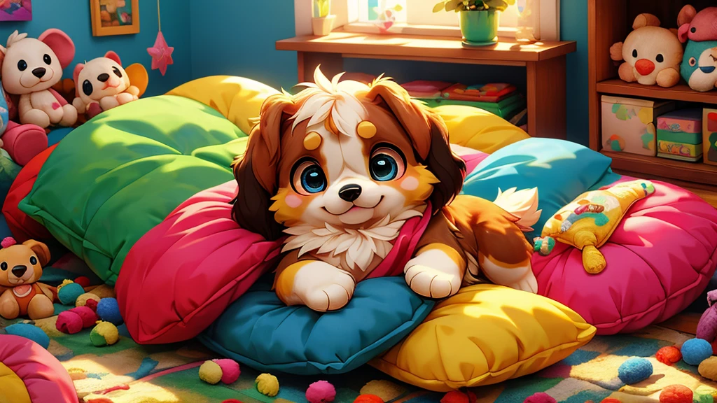 ((masterpiece,best quality)),adorable black shihtzu puppy beautiful detailed eyes,colorful, vivid color, messy room, stuffed animals, toy, pillows, blanket, cushion

