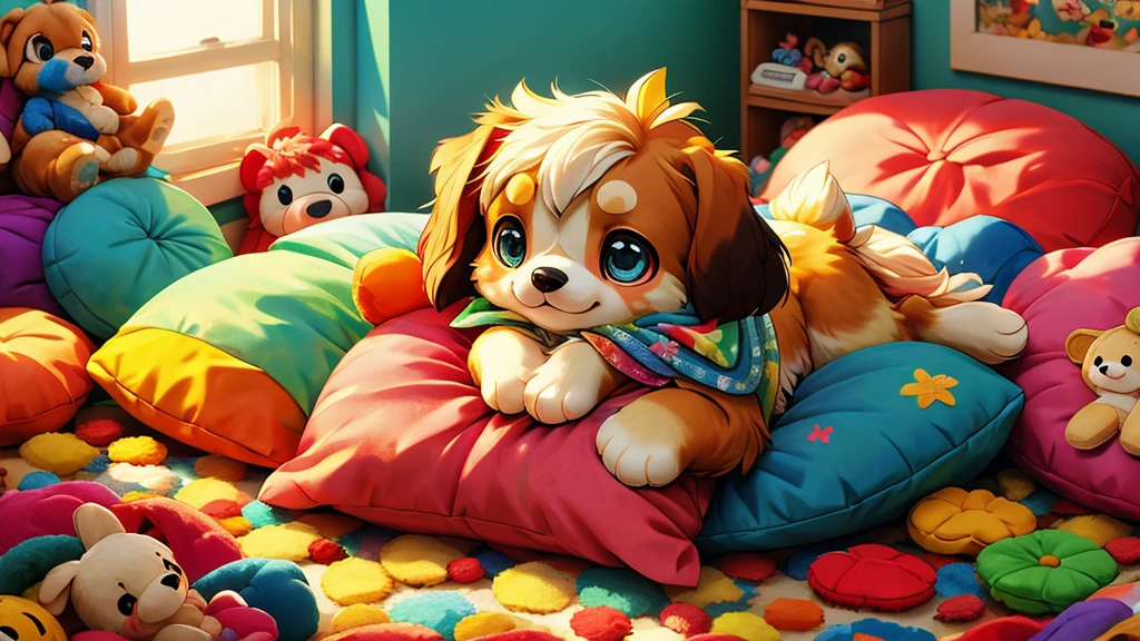 ((masterpiece,best quality)),adorable black shihtzu puppy beautiful detailed eyes,colorful, vivid color, messy room, stuffed animals, toy, pillows, blanket, cushion

