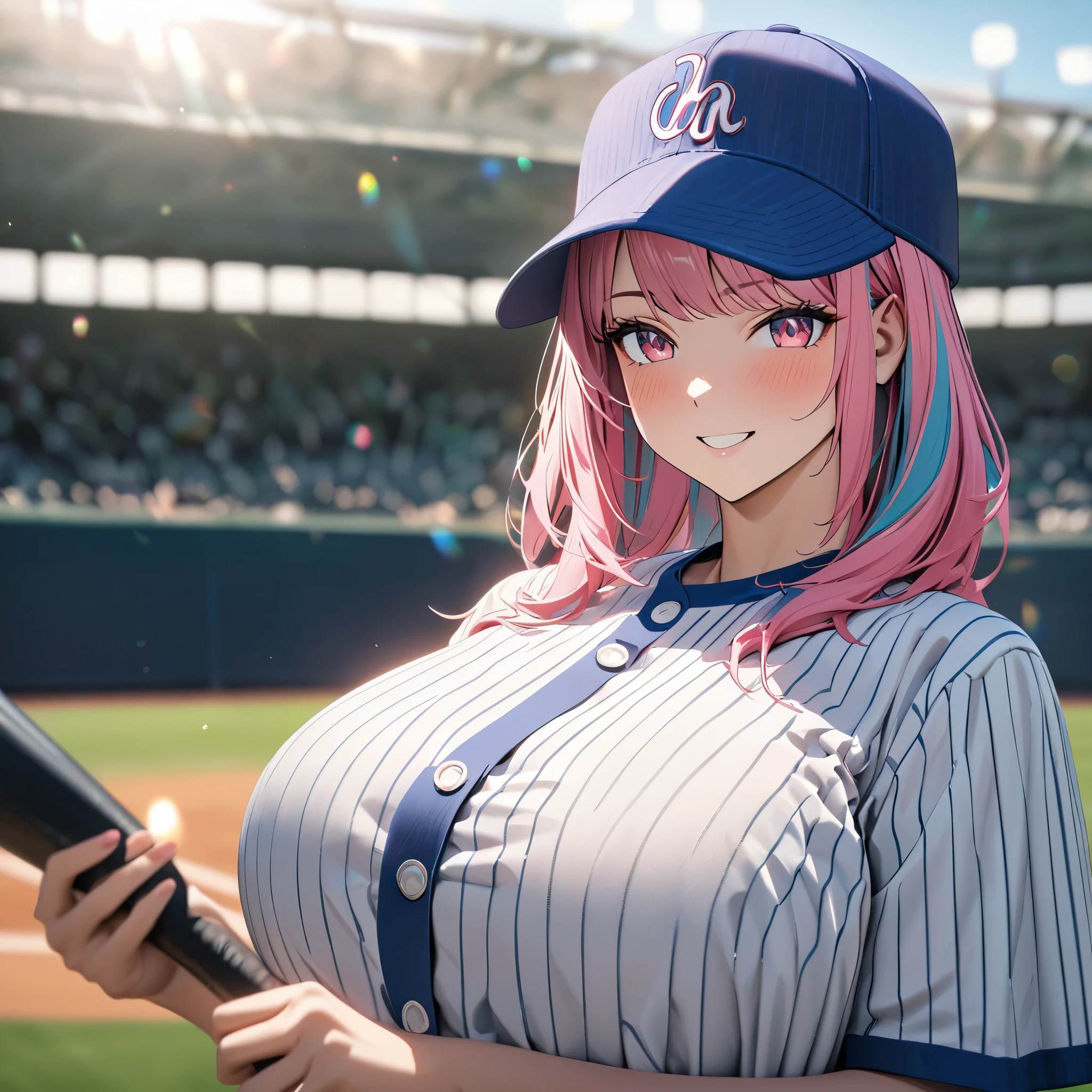 A woman wearing a baseball uniform, white shirt with a blue stripe, white sports shorts with a blue stripe, sports shoes, on a baseball field, holding a baseball bat, hot pink hair, gray bangs, multicolored hair, pink eyes, smiling, Big breasts, wearing a blue sports hat, standing upright(solo woman) ,UHD , prime work , accurate , anatomically correct , textured skin , super details , high quality , best quality, 8k, high resolution, bokeh effect,
