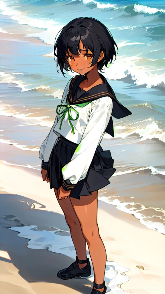 Anime Characters Tan Skin,Short black hair, Standing on the beach in the evening, masterpiece, Highest quality, Detailed skin, Detailed eyes, Dark orange eyes,8k, Good shading, Detailed Background, Excellent  、Sailor suit with green ribbon、Black sailor suit collar、Black pleated skirt、Are crying, smile, 