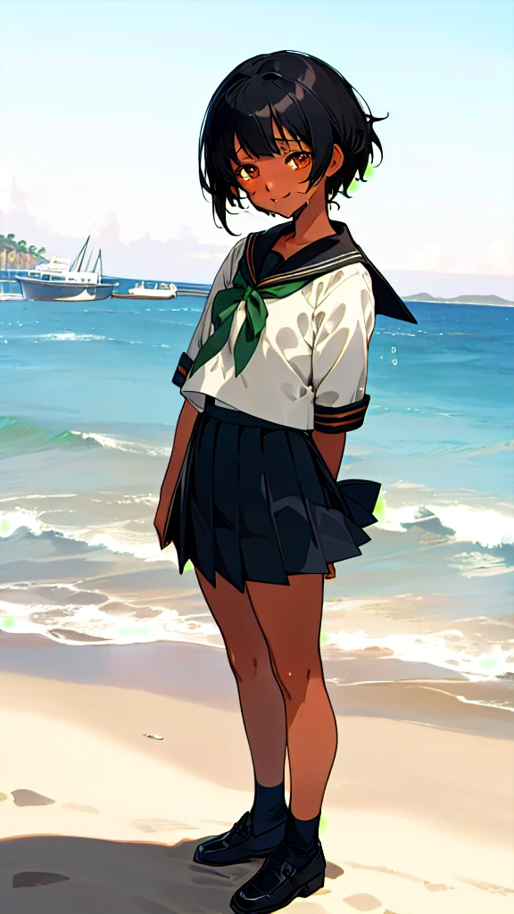 Anime Characters Tan Skin,Short black hair, Standing on the beach in the evening, masterpiece, Highest quality, Detailed skin, Detailed eyes, Dark orange eyes,8k, Good shading, Detailed Background, Excellent anatomy 、Sailor suit with green ribbon、Black sailor suit collar、Black pleated skirt、Are crying, smile,