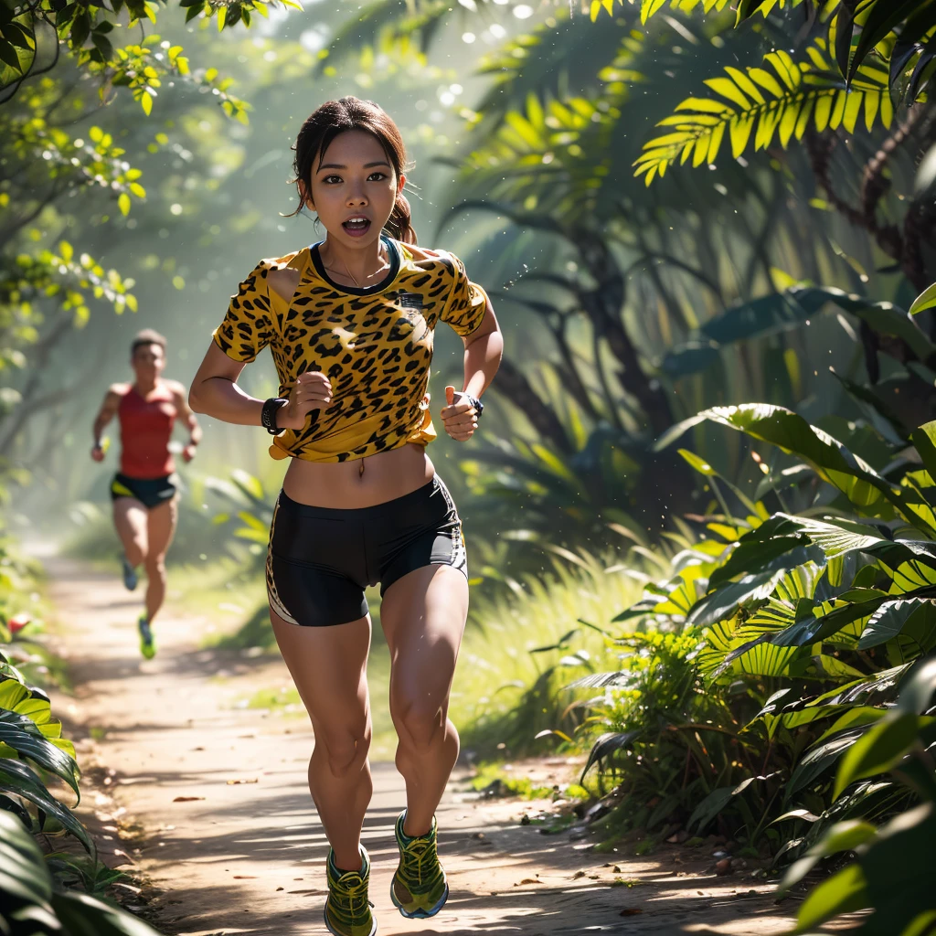 (Jungle Adventure:1.5)、In the mangrove forest(Running with motion blur effect:1.9)A woman like a leopard、Surprised expression、Photographed from the front、Cowboy Shot、Lush tropical foliage、Dramatic lighting、Cinematic composition、Very detailed、Photorealistic、8k、masterpiece
