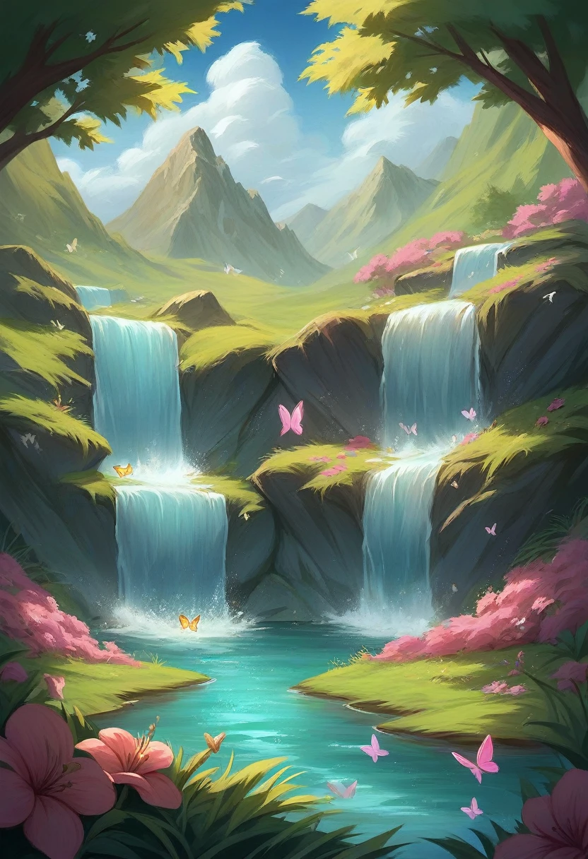 double exposure of a full body beautiful woman with flowers in her hair standing in front of the river, Mei Qing detail painting, fantasy art, Asian woman water element, beautiful fantasy portrait, goddess of nature, detailed picture, 8k high quality detailed art, 8k, very detailed painting digital, 8K HD detailed oil painting, 4K UHD beautiful art, waterfall background, grass and butterflies seem to be one with the body