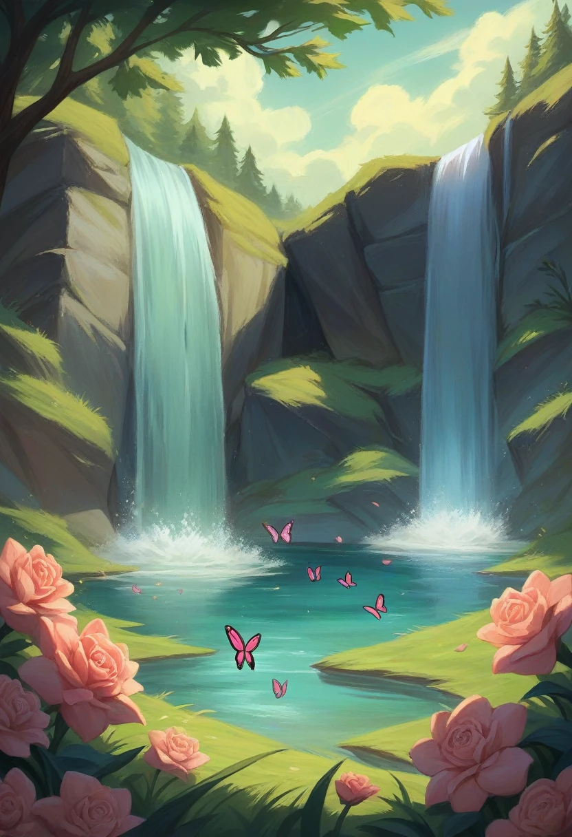 double exposure of a full body beautiful woman with flowers in her hair standing in front of the river, Mei Qing detail painting, fantasy art, Asian woman water element, beautiful fantasy portrait, goddess of nature, detailed picture, 8k high quality detailed art, 8k, very detailed painting digital, 8K HD detailed oil painting, 4K UHD beautiful art, waterfall background, grass and butterflies seem to be one with the body