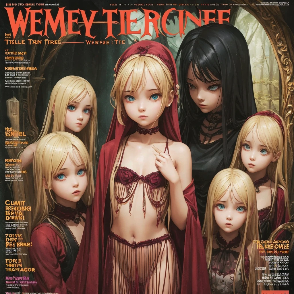 cover mistery magazine weird tale full lenght girl, cute face full lenght , 3 girl pose for cover horror magazine weird tale , magazine age 2024, high quality, 20 year old girl beautiful woman full body photo
