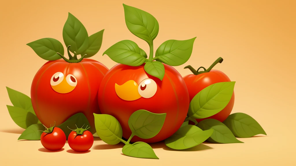 Smiling tomato with cute leaves and friendly expression sticker :: Fruity，Endearing :: Red and green colors，Cute expression :: 2D Stickers