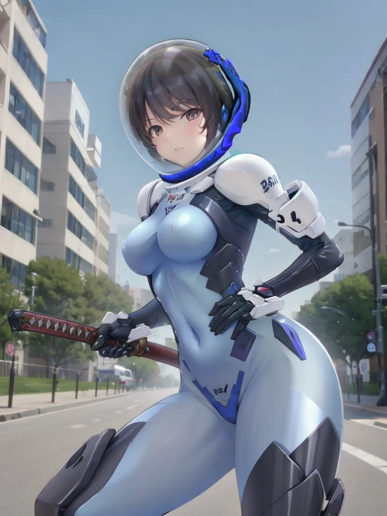 short hair, street, emo, BLACK hair, white eyes, eyeliner, apocalypse, (holding sword), astronaut, fighting stance, girl, running, road, city, fortified suit, ((blue:1.5) plugsuit), short hair, outdoors, cinematic light, medium breasts, covered navel, space helmet, muvluv, space helm, eva helmet,[[[[
