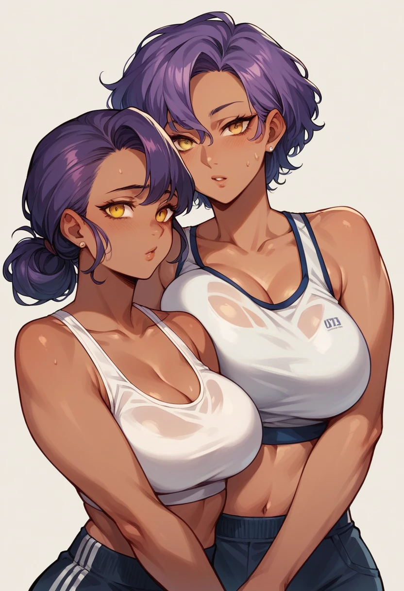 Dark-skinned milf,long purple hair tied,yellow eyes, wearing white gym bra, women's black short shorts