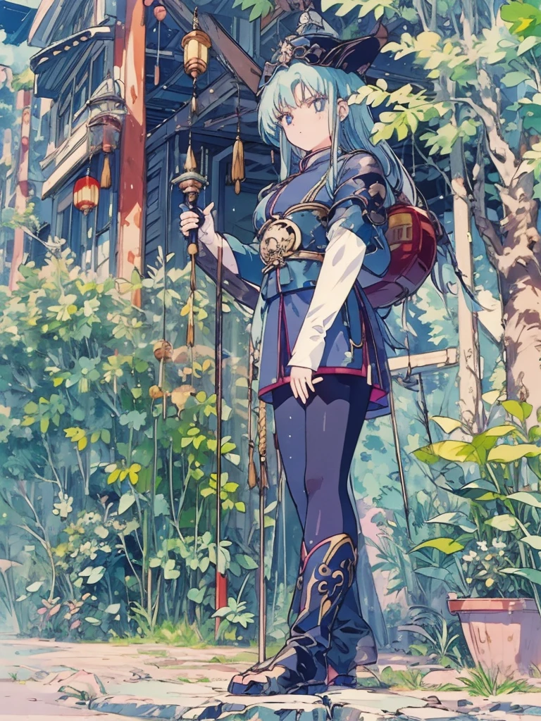 (female),cotton cap,(wave hair),dragon Chinese dress,black inner,gloves,pendant,(black tights),boots,cane,skirt,(background):,blue sky,ancient Luis,mist,((jungle)),(sun flare),　　　　　　(effect):,best quality,anime screencap,8k,high resolution,((anime style)),(anime paint)