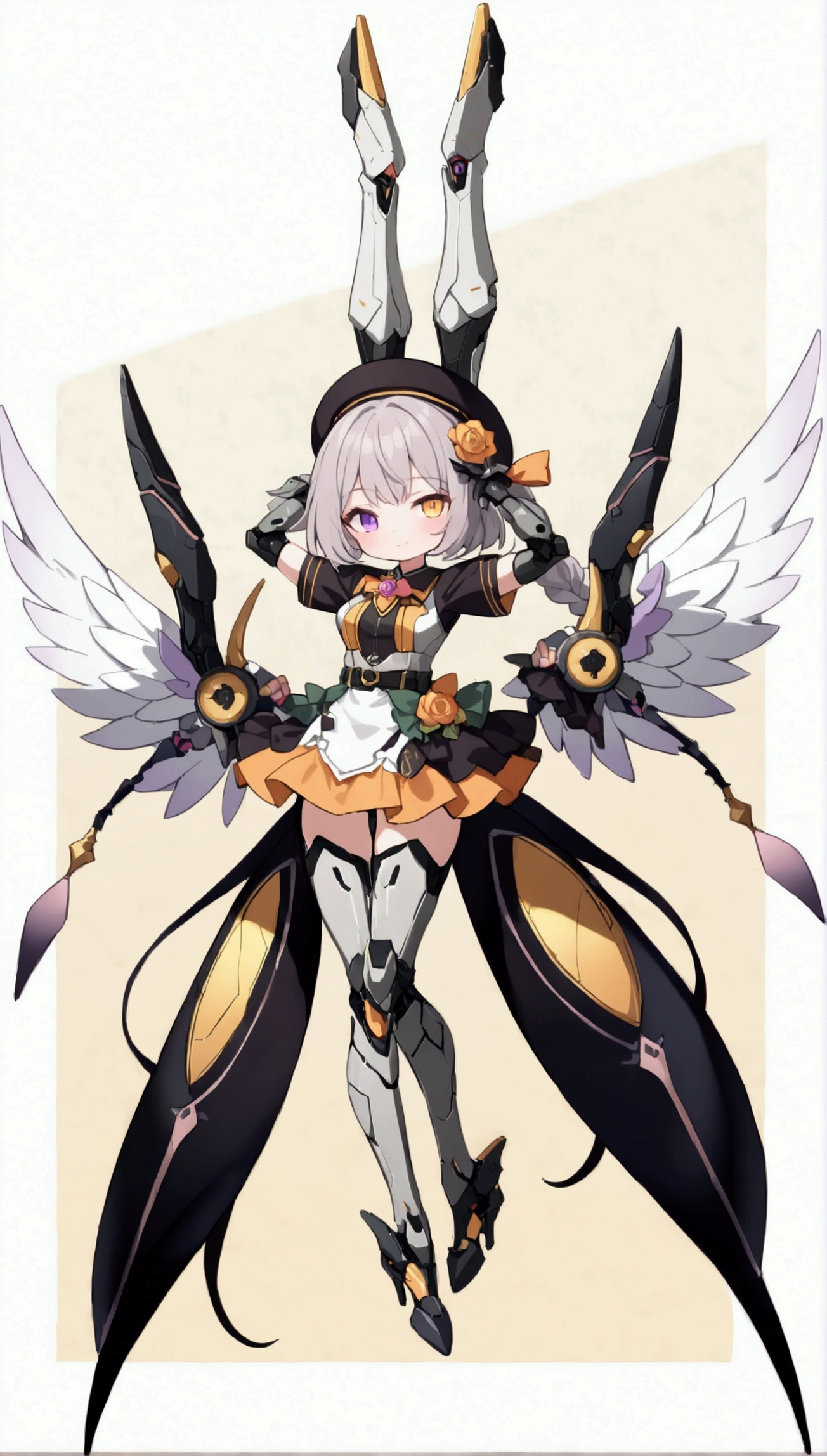 woman 165cm tall, slim build, , charming look, ((heterocromia: look like, derecho naranja y look like izquierdo violeta)), (Shoulder Length Wavy Gray Hair, a short braid on the left side of the hair, big open bangs, golden gear hairpin in hair), (((complex mechanical legs up to the hip, The legs are black with gray parts with small pink details))), (((complex mechanical arms up to the elbows, The arms are black with gray parts with small pink details))), (complex white mechanical angel wings with pastel green parts), (elegant black French beret with an orange rose ribbon), (elegant thigh-length one-piece dress, short bell skirt with small gear details, short sleeves, elegant black hip belt with orange parts, small rose brooch in the middle of the bust, beautiful mechanical stiletto heels), (((character design sheet: Front view))), (((Whole body))), extremely detailed beautiful hair, beautiful detailed dress, extremely detailed arms, extremely detailed face, (Extremely detailed hands), perfect hands, small face, hermosos look likes detallados, beautiful detailed lips, adorable, extremely detailed legs, (Best Quality, 8k, ultra resolution), ultra detailed, Exquisite and epic character art, ((Pastel yellow background)), (Focus on symmetry), (extremely detailed wings).