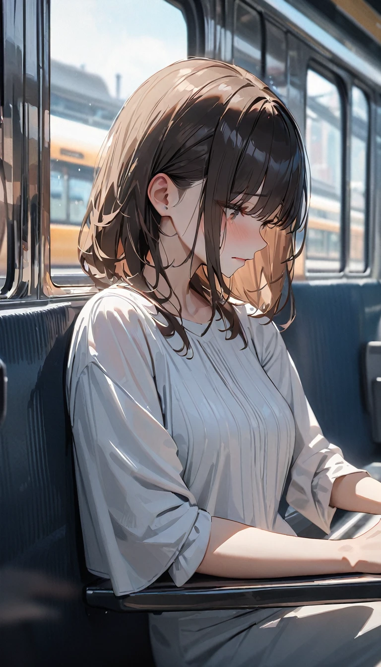 Illustration, detailed illustration, ultra detailed, 1girl, medium brown hair, wavy hair, big brown eyes, light freckles, gaunt face, expressionless, unhealthy, sitting, airplane interior, loose t-shirt, loose jeans, hands in lap, hollow eyes, loose ponytail