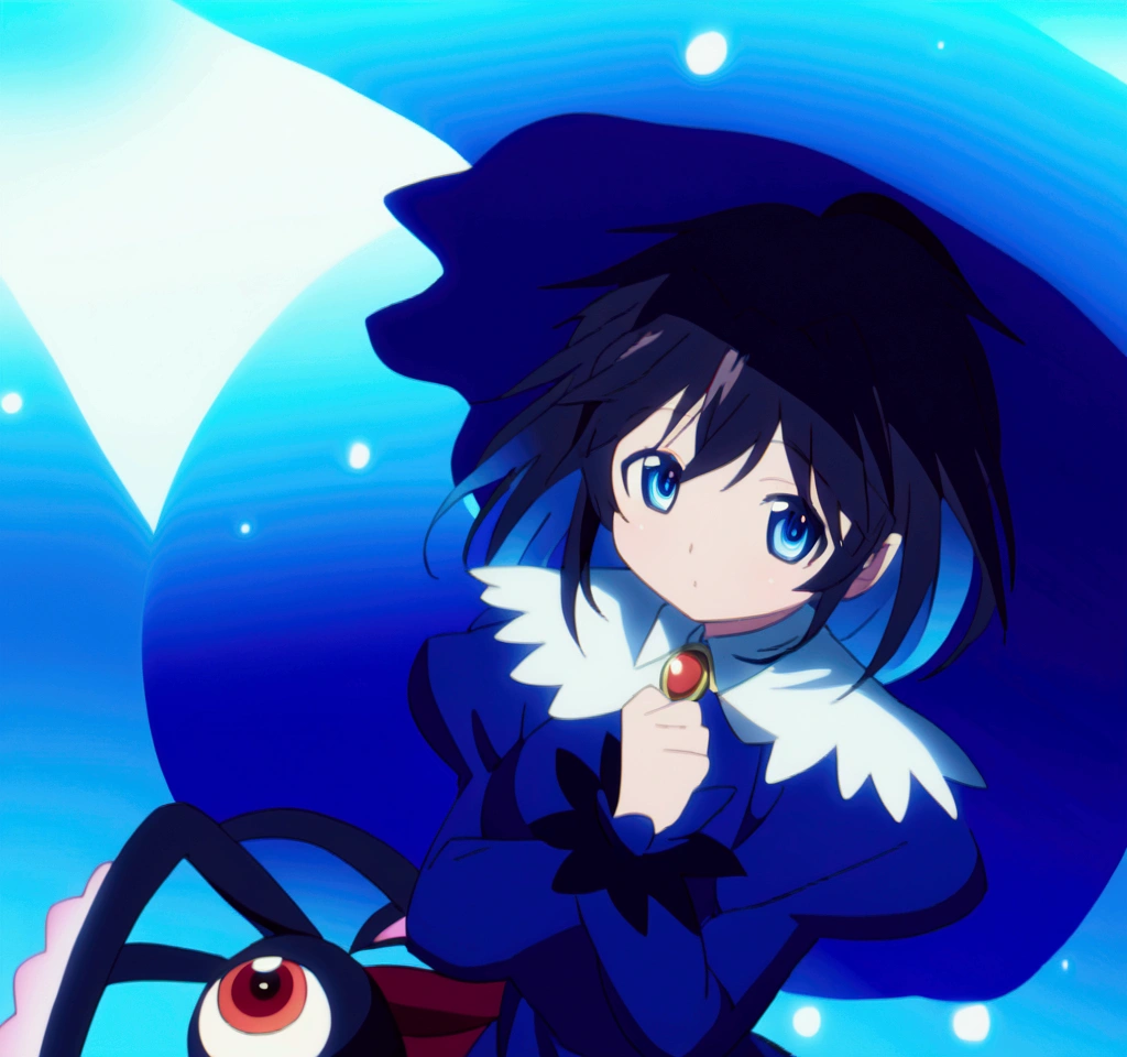 Anime girl with blue hair and blue dress, blue aura, from toho, ulcer toho, ulcer, ulcer from toho, toho character, an anime portrait of ulcer, toho, dreamy psychedelic anime, magical girl anime Mahou Shojo, Fubuki, an aura of magic around her, black-haired magician