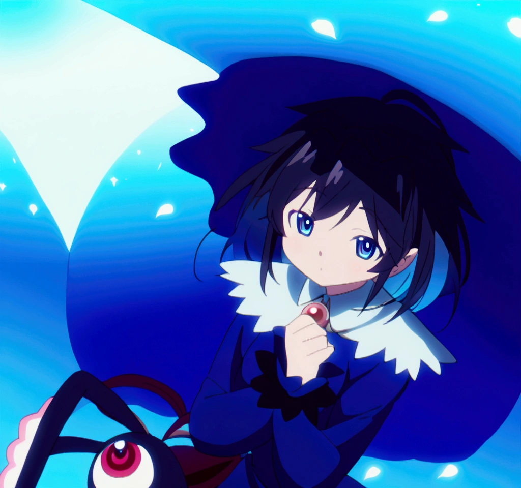 Anime girl with blue hair and blue dress, blue aura, from toho, ulcer toho, ulcer, ulcer from toho, toho character, an anime portrait of ulcer, toho, dreamy psychedelic anime, magical girl anime Mahou Shojo, Fubuki, an aura of magic around her, black-haired magician