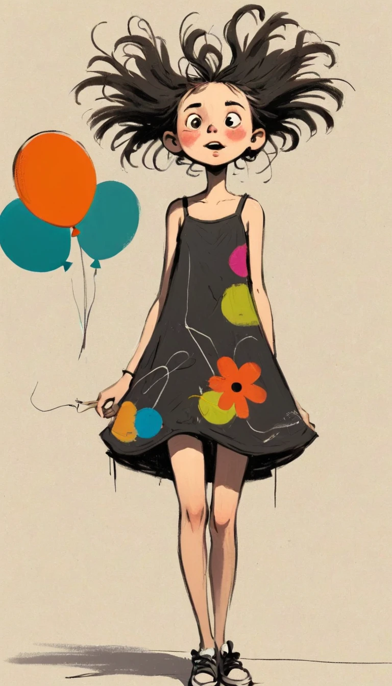 (((Exaggerated digital character sketches:1.37,Matchstick Men))).(1. Little Girl,Balloons in the distance,(Exaggerated expression,Exaggerated hairstyle),Messy hair),(Black sketch lines,Loose brushstrokes create the outline,Cartoon Style. Bright colors and simplified lines, sketch)。(Exaggerated body movements,Floral slip dress),(Large area of blank)