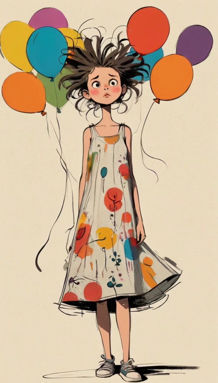 (((Exaggerated digital character sketches:1.37,Matchstick Men))).(1. Little Girl,Balloons in the distance,(Exaggerated expression,Exaggerated hairstyle),Messy hair),(Black sketch lines,Loose brushstrokes create the outline,Cartoon Style. Bright colors and simplified lines, sketch)。(Exaggerated body movements,Floral slip dress),(Large area of blank)