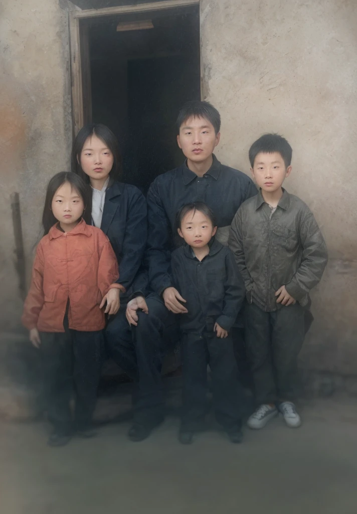A group photo of a Chinese couple and three children, the parents are sitting, the three boys in front are standing on the dirt road, the clothes and pants have clear texture, ultra-clear texture, camera shooting effect, natural light and shadow, ultra-clear realism, very detailed eyes and face, ultra-detailed, highly clear, (photorealistic: 1.2) (virtual: 1.2) (detailed skin: 1.3) (film lighting: 1.3) (sharp focus), glossy skin, digital SLR, soft lighting, high quality, skin texture, clear hair, clear clothes texture, film grain, close-up, ultra-high resolution, 32K, masterpiece