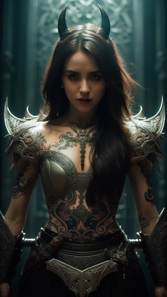 Perfect beauty full body photo, (Demon Succubus), Perfect appearance, slim body, (Heavy chest), Shapeless short hair, Bicolor hair color, Rainbow hair, Small horns, (Wearing casual and rough.), Fully functional, Abstract beauty, Almost perfect, Pure form, (Dynamic pose), Subtle demonic background, (Dark shadows), (Edge lighting), Greg Rutkowski, John William Waterhouse, (John William Waterhouse), Alphonse Mucha, (Alphonse Mucha), Conceptual art, Highly detailed, Intricate details, 8K post production, High resolution, Super details, Popular topics on ArtStation, Sharp focus, Depth of field f/1.8, (Girl holding a large sword in her hand, holding the hilt of the sword in her hand, swinging the sword over her head:1.3), (Tattoo, Japanese tattoo on the whole body:1.5), (Very detailed:1.4), From the front, looking at the camera, spectacular view, double teeth, fangs, necklace, earrings, Tokyo landmark,