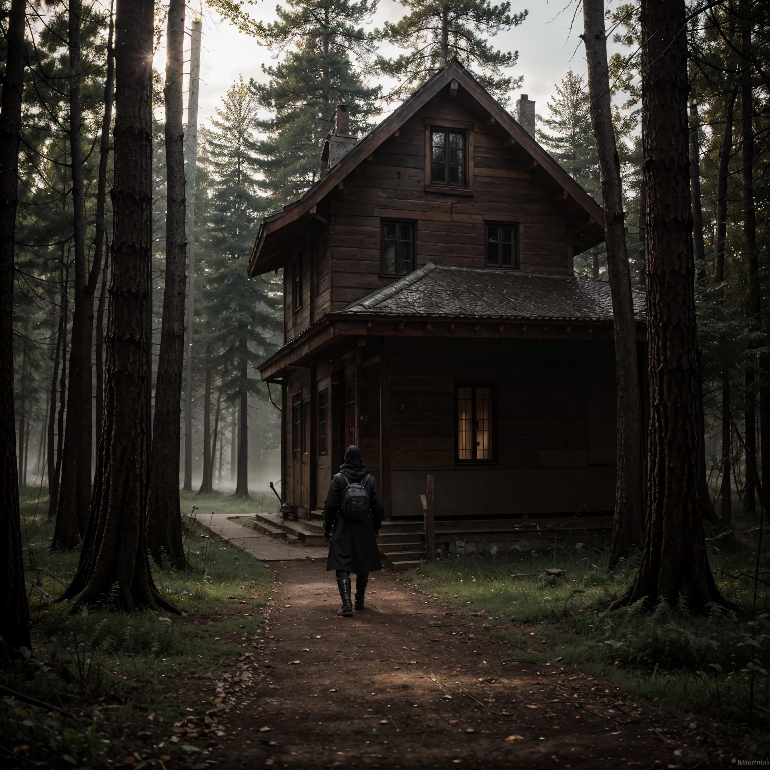 there is a solo robot walking in the forest with a backpack, old house, Stefan Koidl inspired, bussiere rutkowski andreas rocha, by Maxim Verehin, inspired by Maxim Verehin, inspired by Tomasz Jedruszek, dark cinematic concept art, nostalgic and mysterious concept art, inspired by Igor Kieryluk, inspired by Ismail Inceoglu, golden crown surrounded by a black serpent, Shocking, in high definition