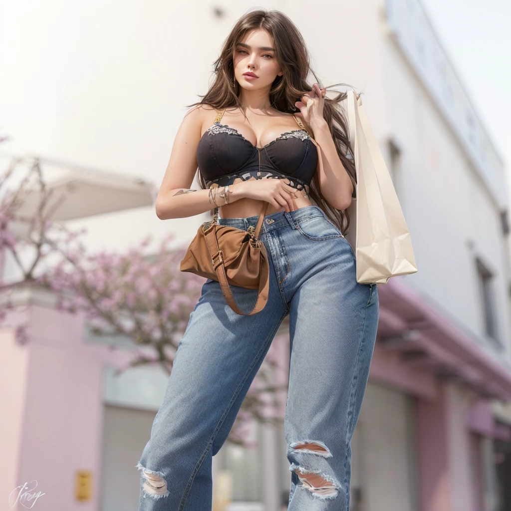 araffe woman in jeans and bra top holding a bag, modern fashion clothing, in town, stylish girl in urban outfit, realistic styling, photorealistic styling, fashion clothing, street outfit, realistic art style, dressed casually, photo realistic styling, blue jeans. Irreal 5, hyper realistic styling, fashion shoot 8k, in clothes! highy detailed