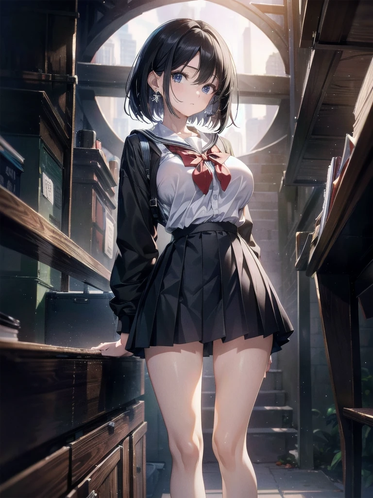absurdres, RAW photo, extremely delicate and beautiful, masterpiece, Best Quality, ultra high resolution, 32k, hyperrealistic, ultra-detailed, perfect anatomy, super Detailed skin, late 20s, very Slim body, narrow waist, very small head, very small face, delicate facial features, tearful mole, earring, very huge round breasts, medium hair, black hair, full body shot, school_uniform, sailor uniform, classroom,