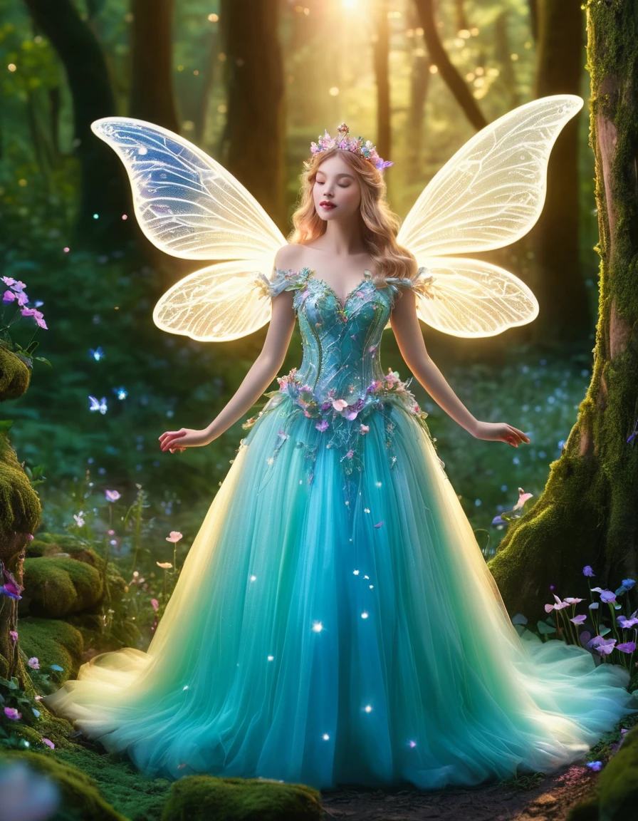 (Highest quality,4K,8k,High resolution,Tabletop:1.2),Very detailed,(Realistic,Realistic,Photorealistic:1.37),Fairy Queen,Shining Spell,Fantasy Forest,Beautiful attention to detail,Detailed lips,Enchanting atmosphere,Sparkling Light,Fairy Wings,Crown of delicate flowers,Magical Environment,Mystical Creatures,Heavenly Beauty,Magic Twinkle,small spell,Elegant gown,Graceful Movement,Nature Spirits,Speckled sunlight,Whispering Tree々,Shining waterfalls,Mysterious Mist,Magical creatures,Otherworldly aura,Soft pastel colors,Soft and warm lighting,Majestic castle,Pixie Dust,Charming flowers and plants,Shining Crystal,Dreamy atmosphere,Calmness and peace,Whimsical and seductive,Floating Petals,Gentle breeze,Captivating melodies,Hidden paths and secret forests,Glowing Mushroom,Celestial bodies exist,Fairy powder