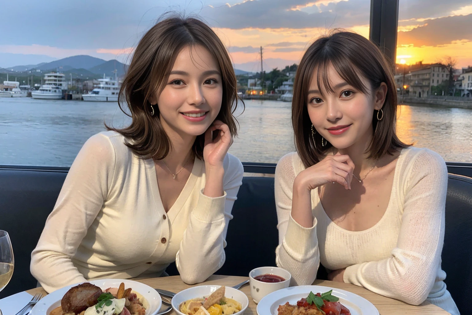 (Realistic:1.1),(masterpiece,Highest quality),8k,(40 years old), 42 years old, slimカップル、Model Couple、actress/actor、Tight waist,Upper Body,full-course dinner、wine 、Amazing view of the sunset sky and clouds、Perfect Anatomy, Brown Hair, short hair,Random Hairstyles,((Highly detailed face and eyes:1.2))(cute顔:1.4),美しいactressの顔,Perfect golden ratio face,Long sleeve shirt、dress,(smile:1.2)、Shortcuts、cute、(Realistic, Intricate details:1.2), A bright smile、short hair,Bright Face、赤wine 、Appetizers、Italian food、wine bottle、Champagne、スパークリングwine、(slimな顔), (The body is slim), (Brown Hair), (Shortcuts), Upper Body, 白wine, slim, wineグラス,